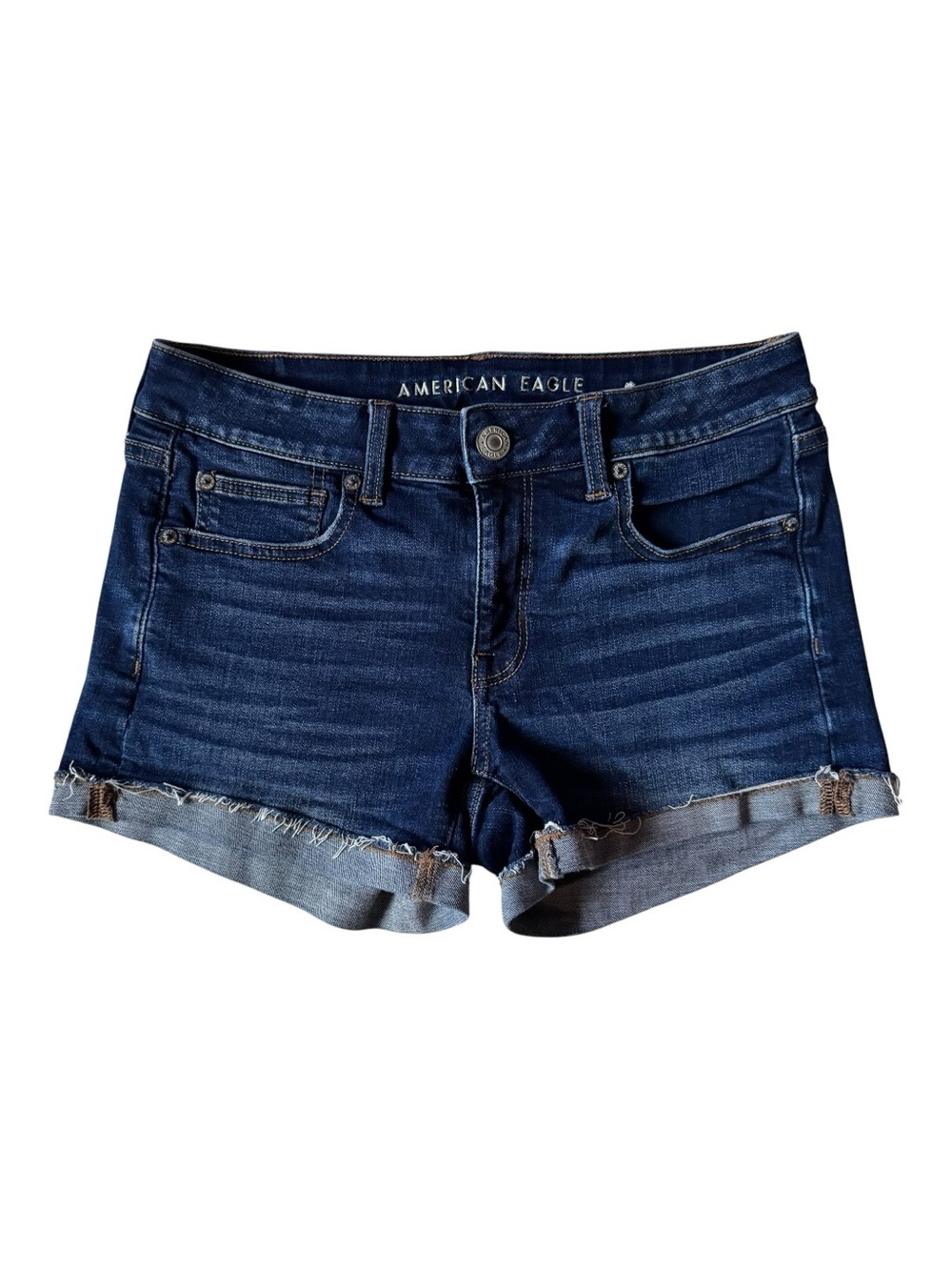 American Eagle Outfitters Midi Cuffed Raw Hem Denim Shorts Dark Wash Size 6